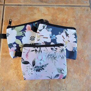Cute Coin or Cosmetic Bags with Colorful Flowers Set of 3 Canvas Zippered - NWOT